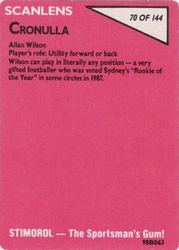 1988 Scanlens #70 Allan Wilson Back
